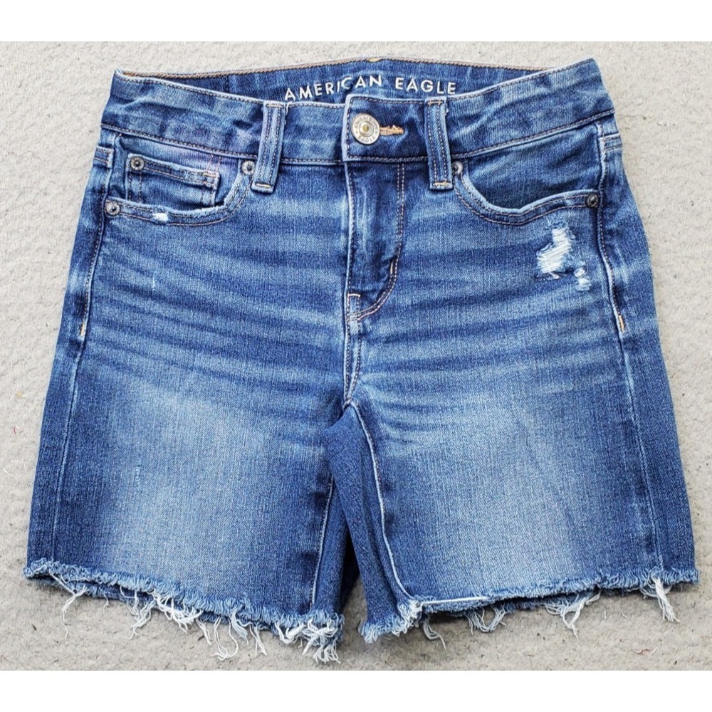 American Eagle The Dream Shorts Women 00 Blue Denim Whiskered Stretch Frayed Hem